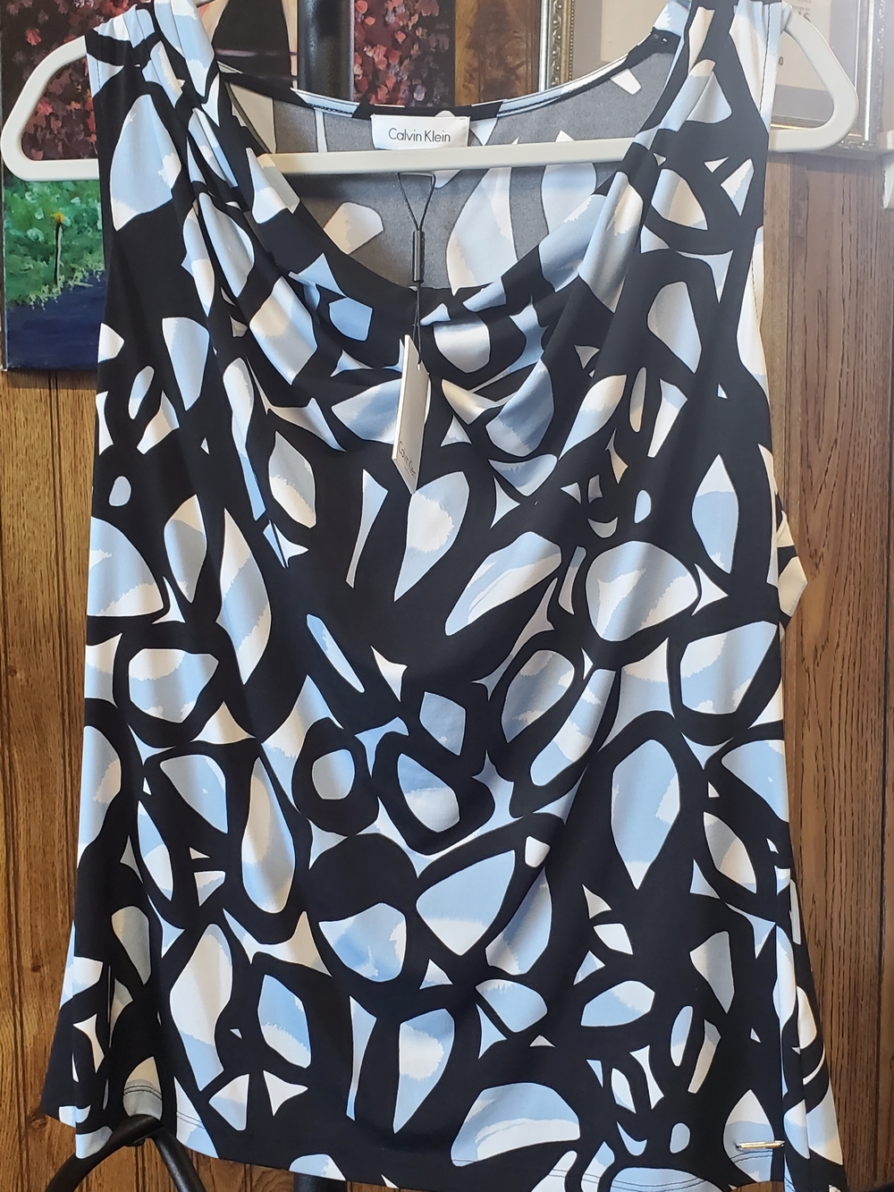 Calvin Klein Navy, White & Blue Abstract Cowl Neck Tank
